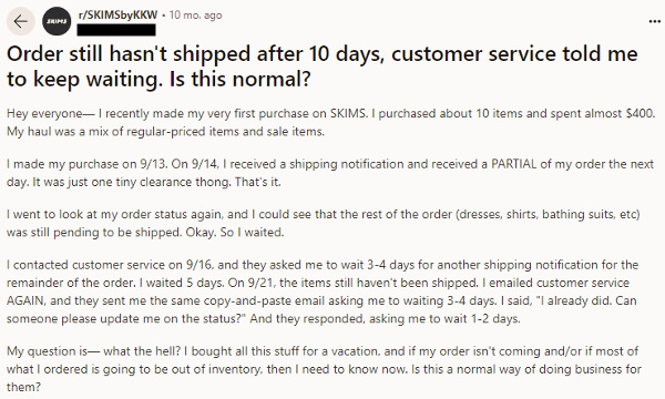 SKIMS customer complaint on Reddit