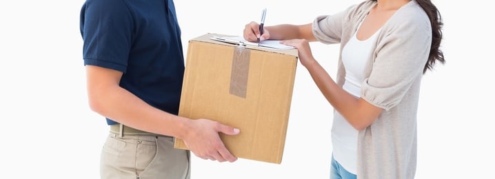 Happy delivery man with customer on white background-1