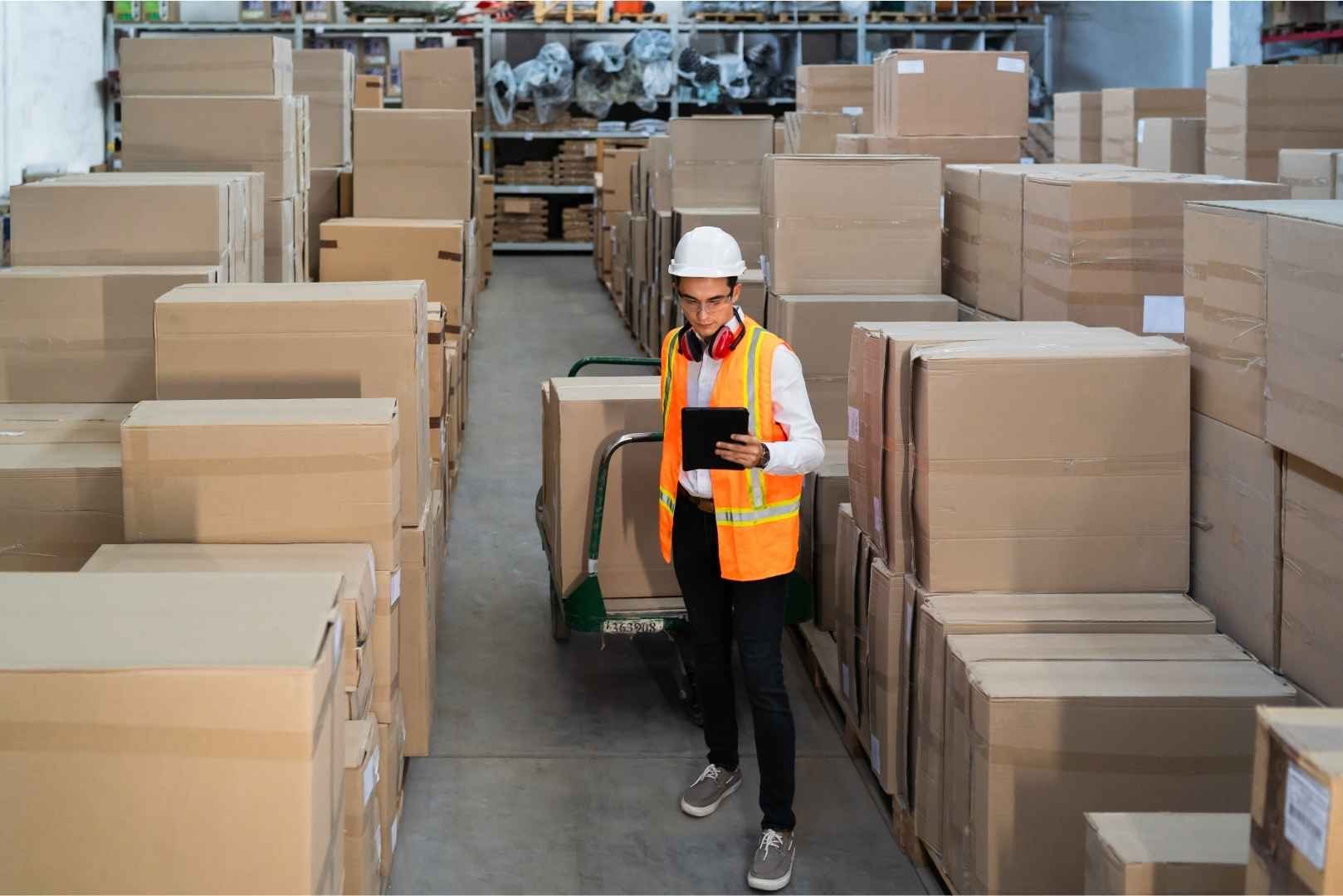 Logistic warehouse worker delivering boxes on a trolley