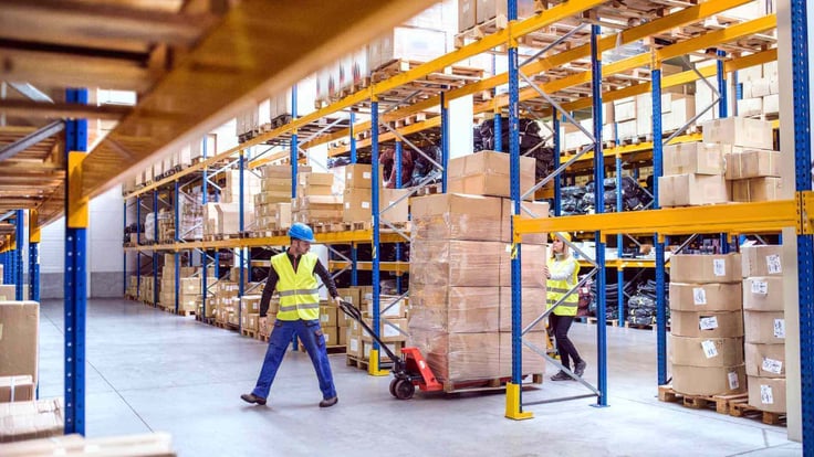 Warehouse Workers Pulling a Pallet Truck