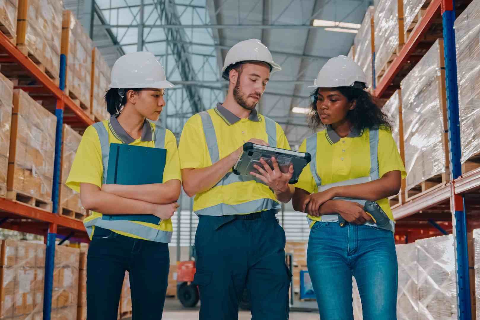 warehouse workers discussing at distribution warehouse